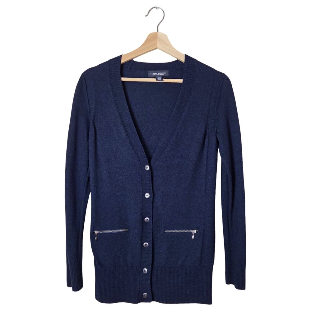 Banana Republic | Extra Fine 100% Merino Wool Navy Cardigan Zip Pockets Petite